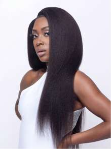 Tóc giả ren thẳng Kinky phía trước bằng tóc thật cho phụ nữ Tóc giả ren 4x4 Tóc giả thẳng Yaki Tóc người được nhổ trước 150% Mật độ Tóc giả không keo Brazil Tóc người - Natural Black - Xem 3