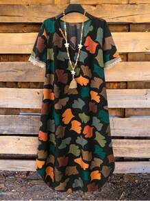 Linhara Plus Size Women Woven Ginkgo Floral Patchwork Ruffle Hem Regular Fit Short Sleeve Dress, Summer Outfits For Women, Suitable For St. Patrick's Day, Rave, Festival, Spring Break, Boho