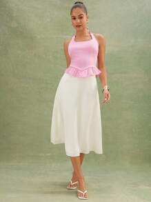 L'Amorae Elegante top de verano sin mangas con cuello halter, detalle de fruncido, volante en el bajo y lazo en la espalda, de satén, para mujer - Rosa - Ver 4