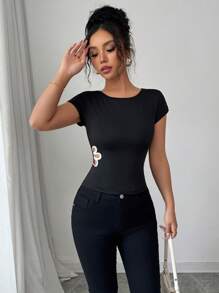 Elenzga 女士优雅通勤撞色镂空花卉修身T恤 - 黑色 - 查看 6