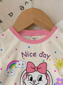 SHEIN Camiseta de manga corta y cuello redondo informal con estampado de conejo de dibujos animados, adecuada para el verano