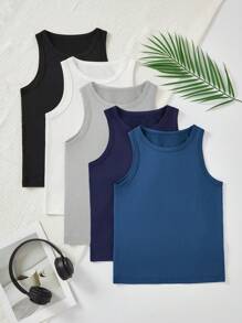 5pcs Tween Boy Comfortable Casual Sleeveless Undershirt Vest, Simple Design Style For Easy Matching, Stretchy And Breathable Knit Fabric, Machine Washable, Comfortable Fit And Easy Care (5 Pieces Sold Separately) - Multicolor - View 3