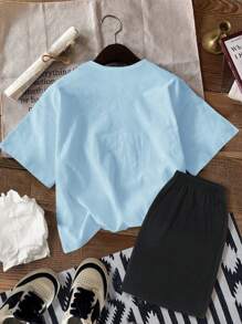 SHEIN Set de 2 piezas con camiseta de manga corta con estampe de oso de dibujos animados y eslogan mínimo, y pantalones cortos, adecuado para el verano, para niño pequeño
