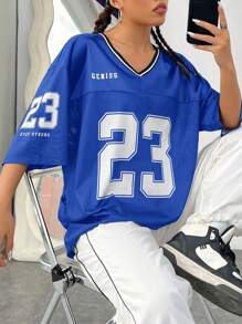 SHEIN EZwear 海军蓝女士数字印花运动球衣 T 恤 - 寶藍色 - 查看 5