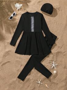 3 pièces Ensemble de maillot de bain pour préadolescentes : Top, Bas et Casquette, Couleur unie Patchwork Couverture intégrale Manches longues et Pantalon