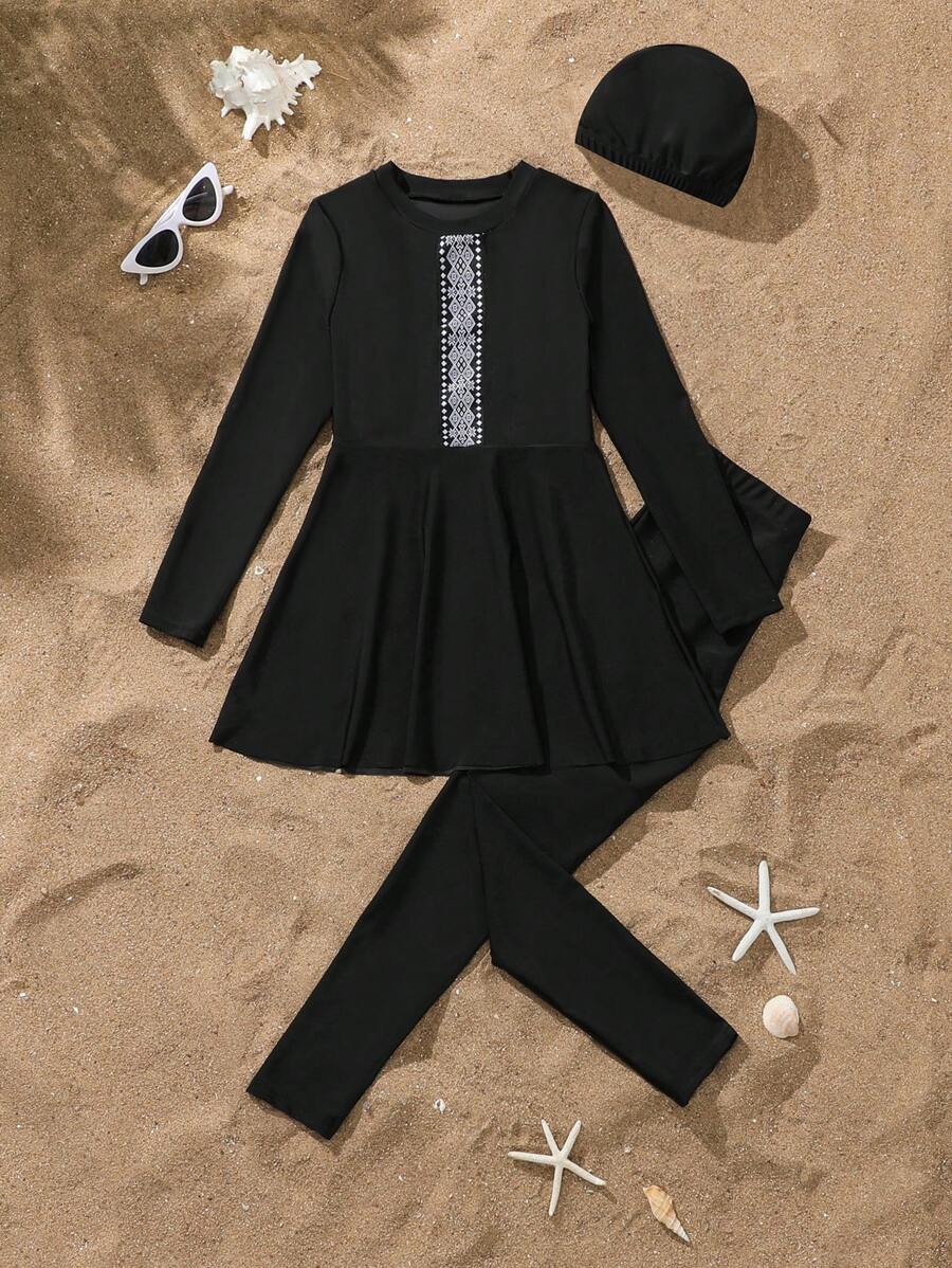 3pcs Tween Girl Swimwear Set: Top, Bottoms & Cap, Solid Color Patchwork Full Coverage Long Sleeve & Pants Summer Holiday - Black - View 1