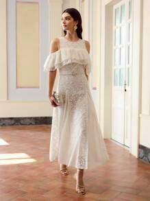 ZEYLAH Women's Mesh Ruffle Off Shoulder Lace Maxi Dress - White - View 4