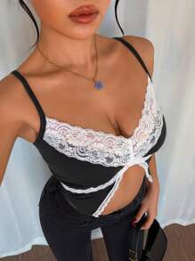 Chiquease 女士性感对比色蕾丝开摆吊带背心 - 黑色 - 查看 1