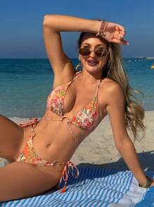 SHEIN Swim Women Boho Metal Ring Tie-Up Tassel Side Tie Bikini Sets, Summer Beach Vacation 2 Pieces Swimwear Outfits - Multicolor - View 4