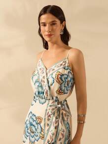 CAJUNI Women's Boho Tropical Apricot & Blue Floral Print Strappy Wrap Front Casual Summer Mini Dress - Multicolor - View 7