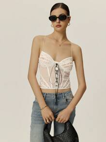 Poéselle Damen Kontrast Spitze Ösen Bindebänder Figurbetonte Camisole Trägershirt