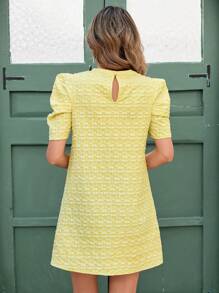 Ellevyn Women's Elegant Textured Floral Jacquard Gigot Sleeve Loose Short Dress - Yellow - View 9