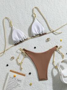 SHEIN Swim Damen Farbblock Patchwork Romantik Urlaub Metall Perlen Dreieck Bikini Set, Sommer Strand Urlaub - Verschiedenfarbig - Übersicht 6