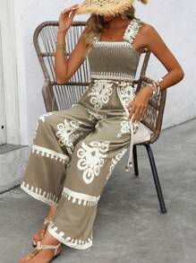 SHEIN Tall Women's Spring/Summer Casual/Holiday Khaki Beige Positioning Printed Sling Straight Wide Leg Jumpsuit - Khaki - View 6