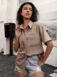 Chiquease Women's Casual Loose Striped Short Sleeve Shirts With Decorative Pockets, Suitable For Spring & Summer