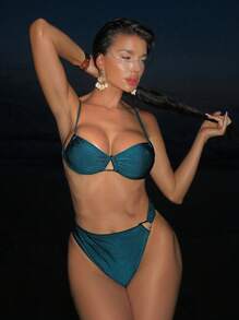 Swim SXY 纯色独特带扣性感连体女式泳衣上衣，节日波西米亚风 - 水鴨藍 - 查看 2