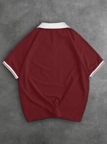 Manfinity Campus Court 男士数字和条纹印花短袖休闲通勤 Polo 衫足球衫足球衫男士男式球衣足球衫男士足球衫 - 酒紅色 - 查看 2