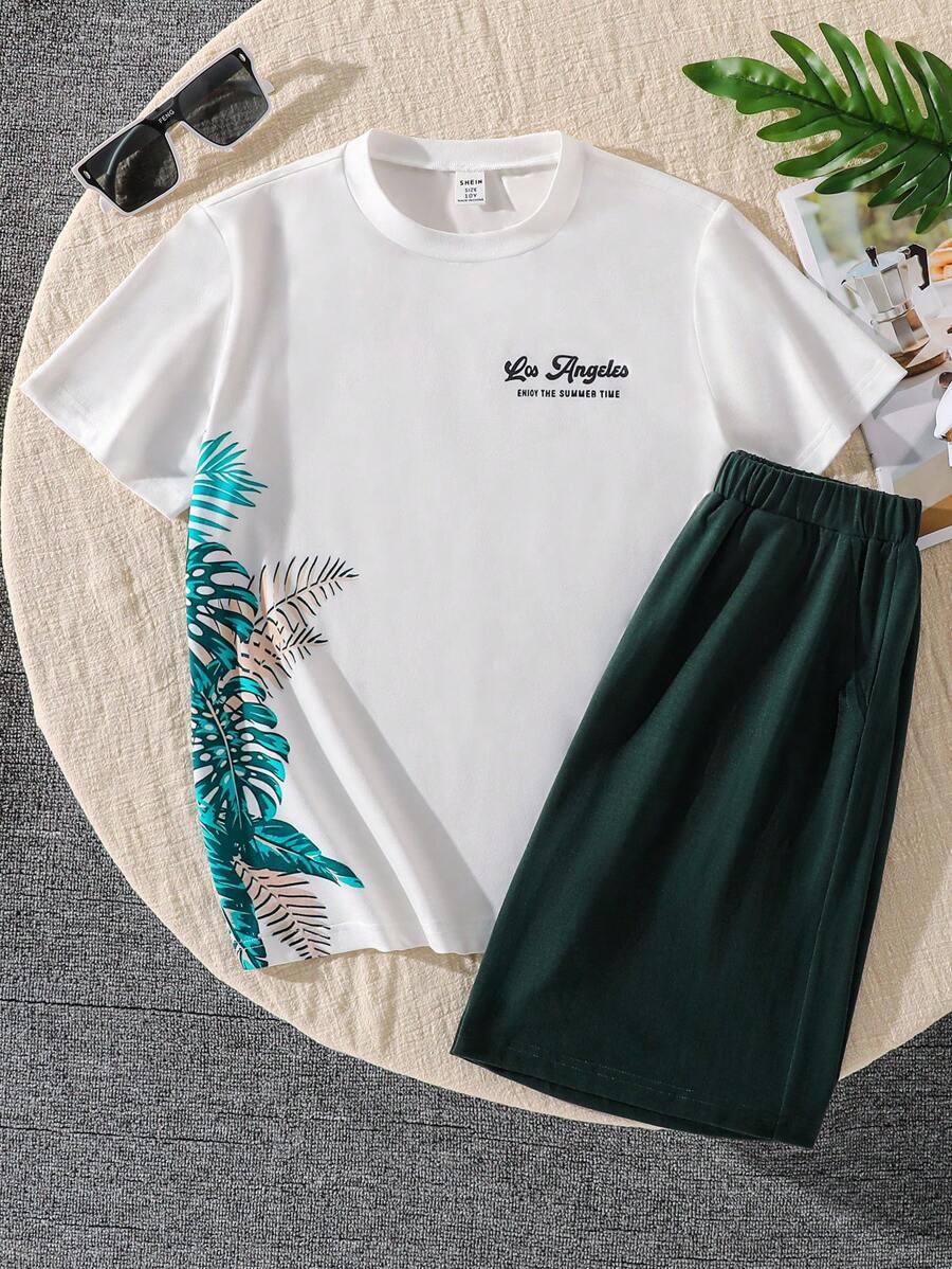 SHEIN 2pcs Tween Boy Vacation Casual Tropical Floral Print Short Sleeve Top And Shorts Set