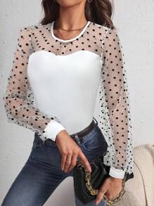 SHEIN Privé Crew Neck Mesh Patchwork Knit Bodysuit