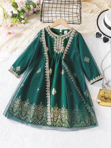 2pcs Young Girls Outfit, Includes Metallic Print Ditsy Floral Jacket And Long Sleeve Dress Set, Elegant For Spring/Summer - Dark Green - View 3
