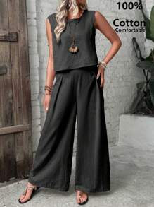 SHEIN LUNE Women's Simple Solid Color Sleeveless Vest And Long Pants Two-Piece Set - Black - View 1