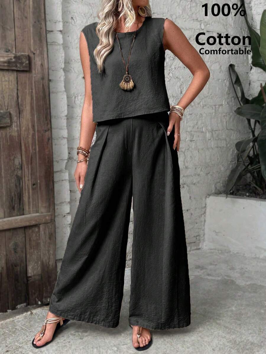 SHEIN LUNE Women's Simple Solid Color Sleeveless Vest And Long Pants Two-Piece Set - Black - View 1