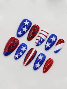 ROMWE Grunge Punk 10Pcs/Set Star & Number Handmade False Nails + 3Pcs Double-Sided Adhesive, Removable Contrast Stripe Handpainted Nail Stickers, High Quality Glitter Shiny Colored Nail Bling Stickers, Suitable For Holiday Parties, Dancing And Daily Wear - Multicolor - View 3