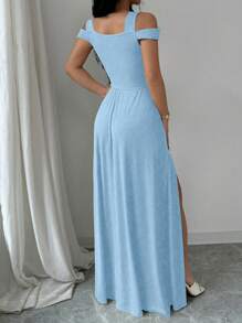 Rafferiza 1 件套 V 领收腰复古风格女式连衣裙长款女式服装 - 淺藍色 - 查看 2