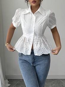 Gloray Hollow Puff Sleeve Wave Hem Elegant Office Lady Style Women Blouse, Summer