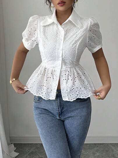 SHEIN Raffinéa Blusa elegante de oficina para mujer con mangas abullonadas huecas y bajo ondulado, de estilo veraniego