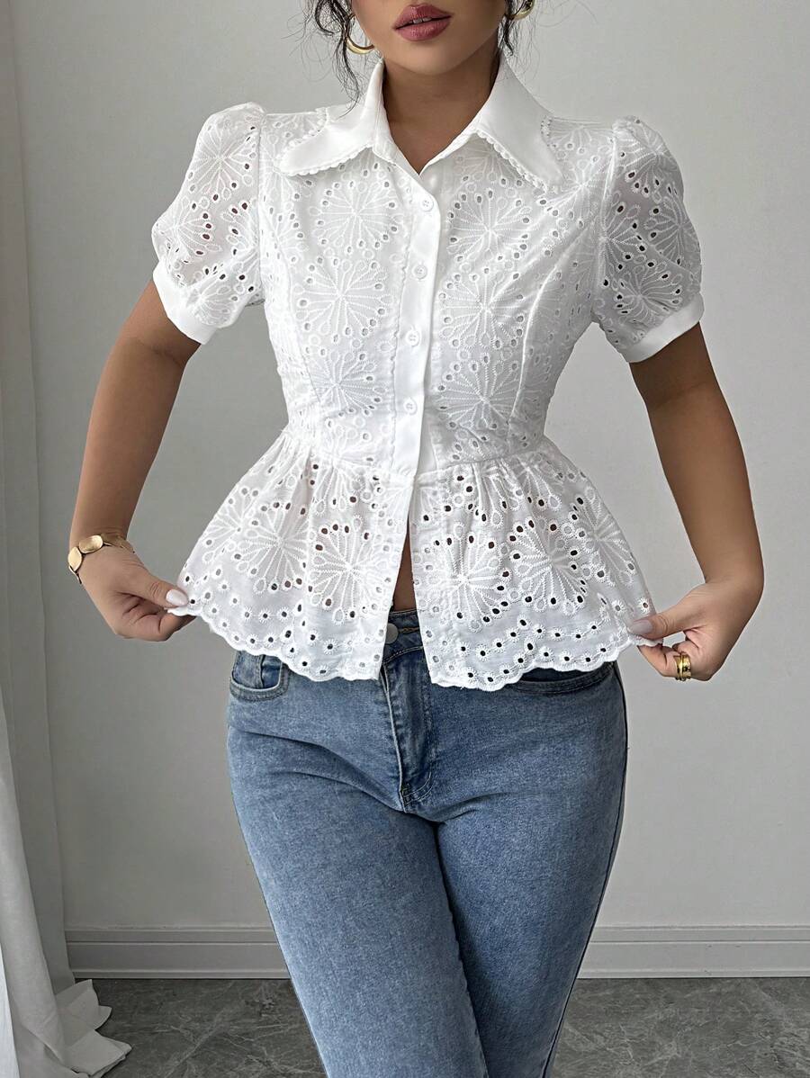 Gloray Hollow Puff Sleeve Wave Hem Elegant Office Lady Style Women Blouse, Summer