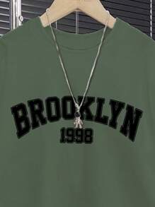 SHEIN 2pcs Tween Boys Casual Minimalist Classic City Name & 1998 Graphic Print Crew Neck Short Sleeve T-Shirt And Shorts Set, Suitable For Summer - Dark Green - View 2