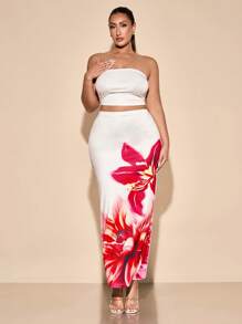 SHEIN BAE Women's Plus Size Summer Marble Romantic Big Flowers Print Bandeau Top And Wrinkle Asymmetric Skirt Set - Multicolor - View 4