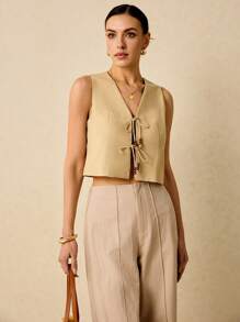 Poéselle Women's Solid Color Front Tie Sleeveless Minimalist Casual Thin Blazer ,Boho Women Clothing - Khaki - View 4