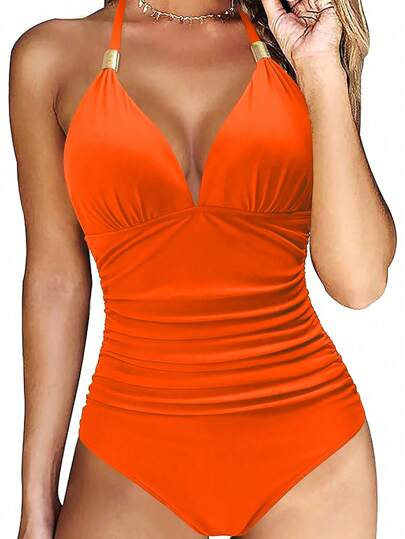 Swim Lushoire Women's Solid Color Ruched Halter One-Piece Swimsuit For Beach/Resort For Summer Beach Vacation