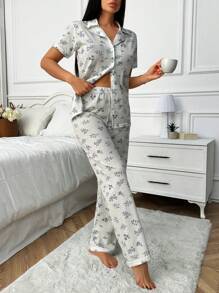 RueChic Women 2pcs Contrast Colour Floral Pattern Detail Homewear PJ Set - White - View 3