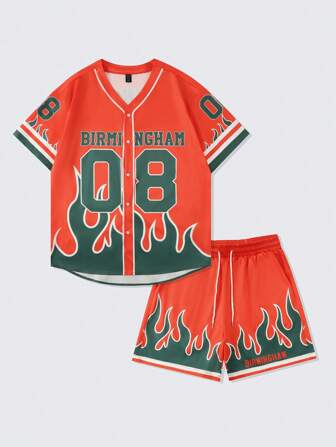 Prep Conjunto casual de 2 piezas con camisa de manga corta con botones y estampado de letras y llamas, y shorts para hombre