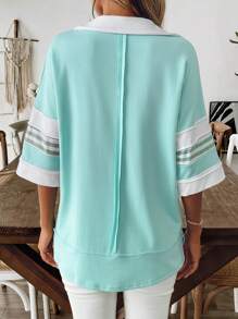 SHEIN LUNE Women's Western Country Casual Vacation Distressed Colorblock Patchwork Cotton Short Sleeve Polo Collar T-Shirt Top, Summer