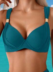 SHEIN Swim Women's Solid Color Bikini Set, Vacation Beach For Summer