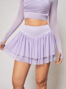 Activina Minimalist Solid Color Ruched Double Layer Sports Skirt Shorts - Purple - View 7