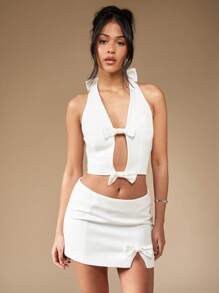 MISSGUIDED Halter Bow Tie Waistcoat Crop Top Summer Festival Party Club Wear Sleeveless Fashion Vest - White - View 1