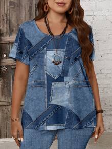 EMERY ROSE 2pcs/Set Plus Size Women Casual Patchwork Denim Effect T-Shirt And 3/4 Leggings Set, Summer