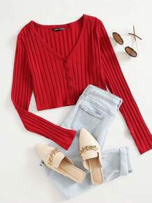 SHEIN EZwear V Neck Button Front Ribbed Top