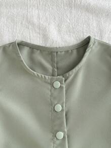 SHEIN Bộ đồ liền thân cài nút phía trước màu trơn đơn giản cho bé gái, mùa hè - Màu xanh Bạc hà - Xem 5
