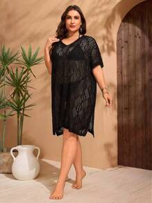 Swim Lushoire Plus Size Black Short Sleeve Hollow Geometric Pattern Loose Beach Cover Up For Women, Mid-Length, For Summer Vacation - Black - View 6