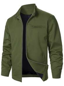 Manfinity Homme Men's Solid Color Front Zipper Long Sleeve Pocket Casual Jacket