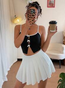 Chiquease Bow Decor Spaghetti Strap Solid Color Patchwork Casual Camisole - Black - View 1