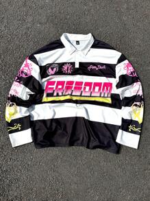 Manfinity EMRG Men's Young Streetwear And Collegiate Sports Style, Featuring A Long-Sleeve Polo Shirt With A High-Street Design In Black And White Stripes And Neon Pink And Yellow Contrasting Text Patterns. The Shirt Has A Button Placket And Is Adorned With A Badge Pattern On The Chest. This Piece Embodies Street Fashion And Y2K Aesthetics, Making It A Stylish Gift Idea For Boyfriends Or Husbands. NEW YORK - Multicolor - View 1