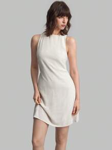 Ontre 2026 Spring & Summer Women's Casual Fitted Waist Dress, Suitable For Office, Teachers, Club, Minimalist Urban Commute, Elegant, Teacher's Day Outfit, Round Neck Sleeveless Short Dress - Beige - View 9