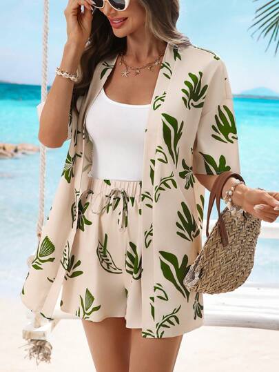 SHEIN VCAY Set de 2 piezas con camisa de mujer y shorts estampados de cintura elástica, casual para playa y vacaciones